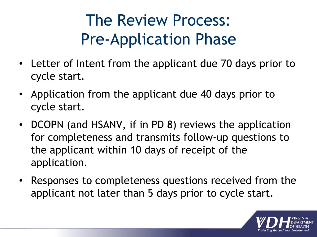 the review process pre application phase