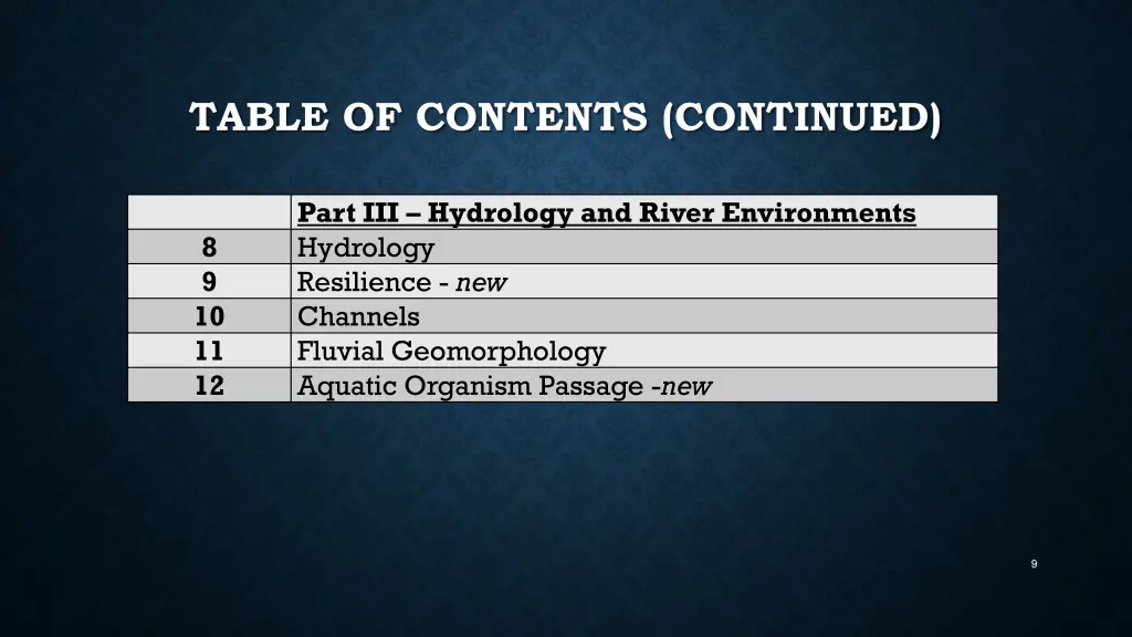 table of contents continued