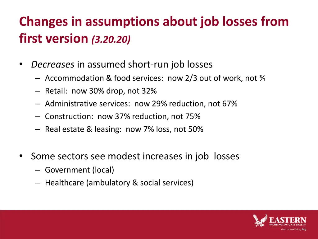 changes in assumptions about job losses from