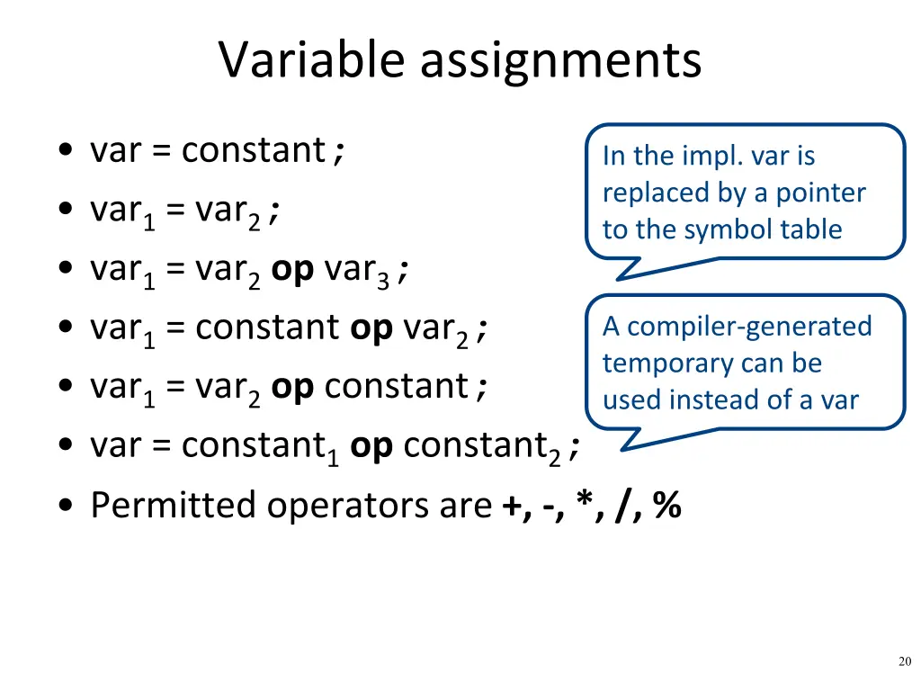variable assignments