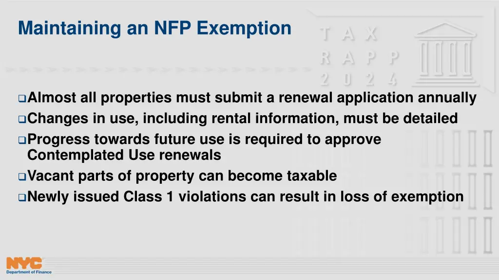 maintaining an nfp exemption