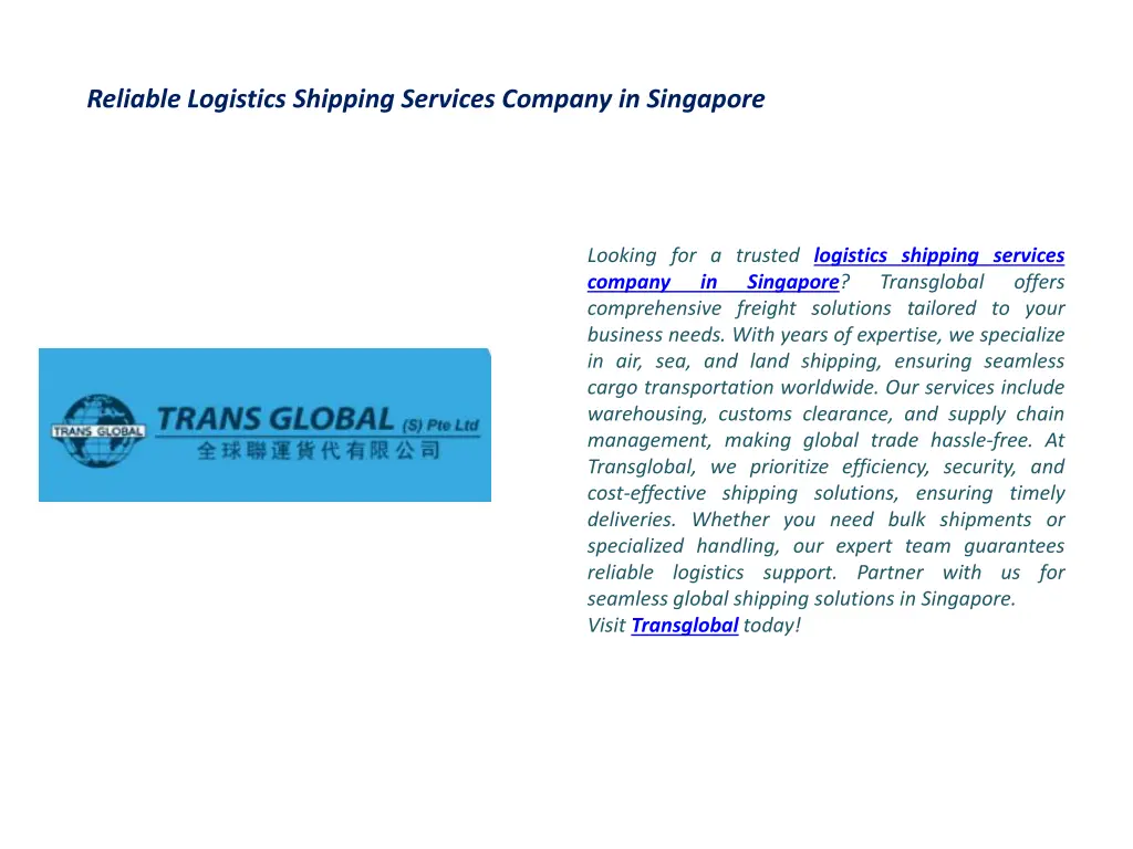 reliable logistics shipping services company