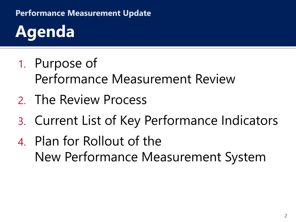performance measurement update agenda