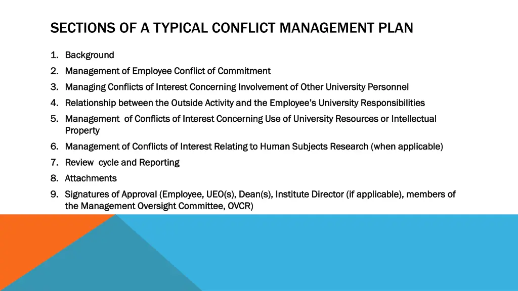 sections of a typical conflict management plan