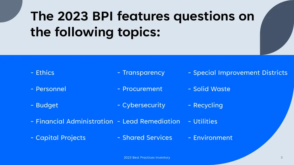the 2023 bpi features questions on the following
