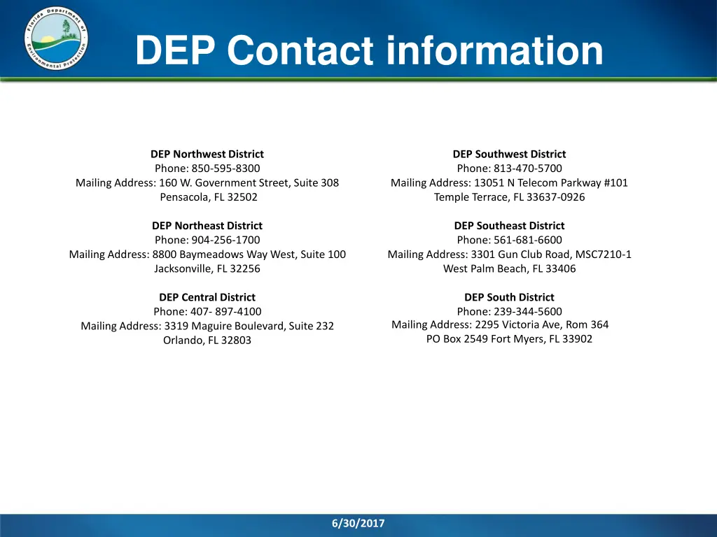 dep contact information