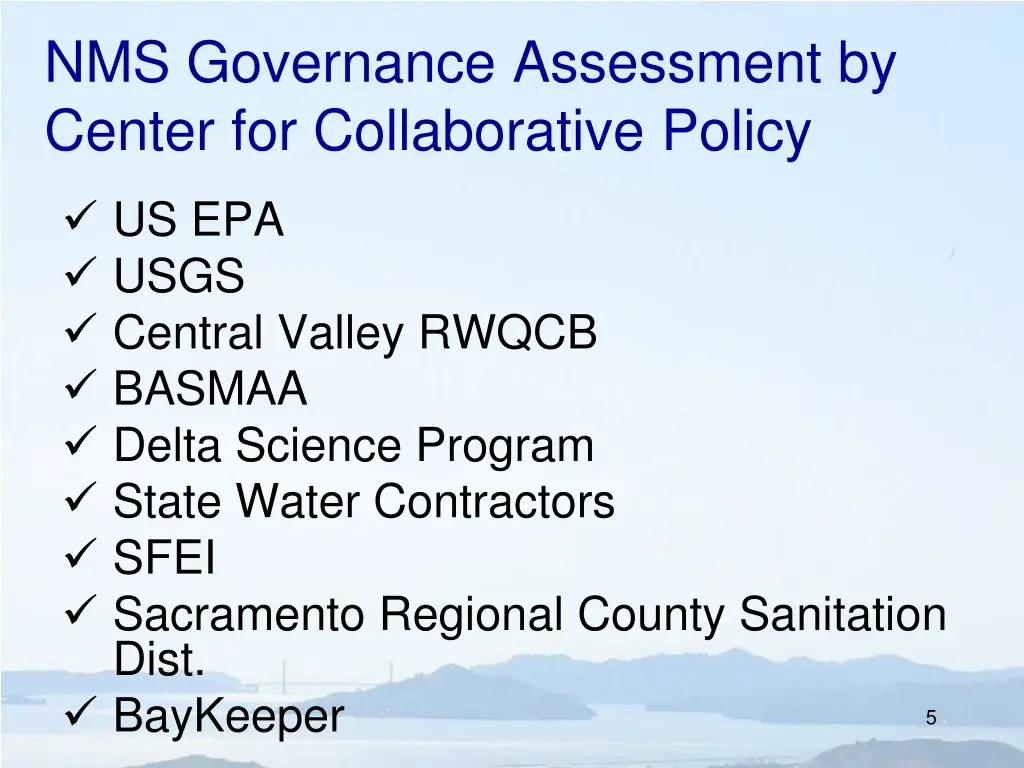 nms governance assessment by center