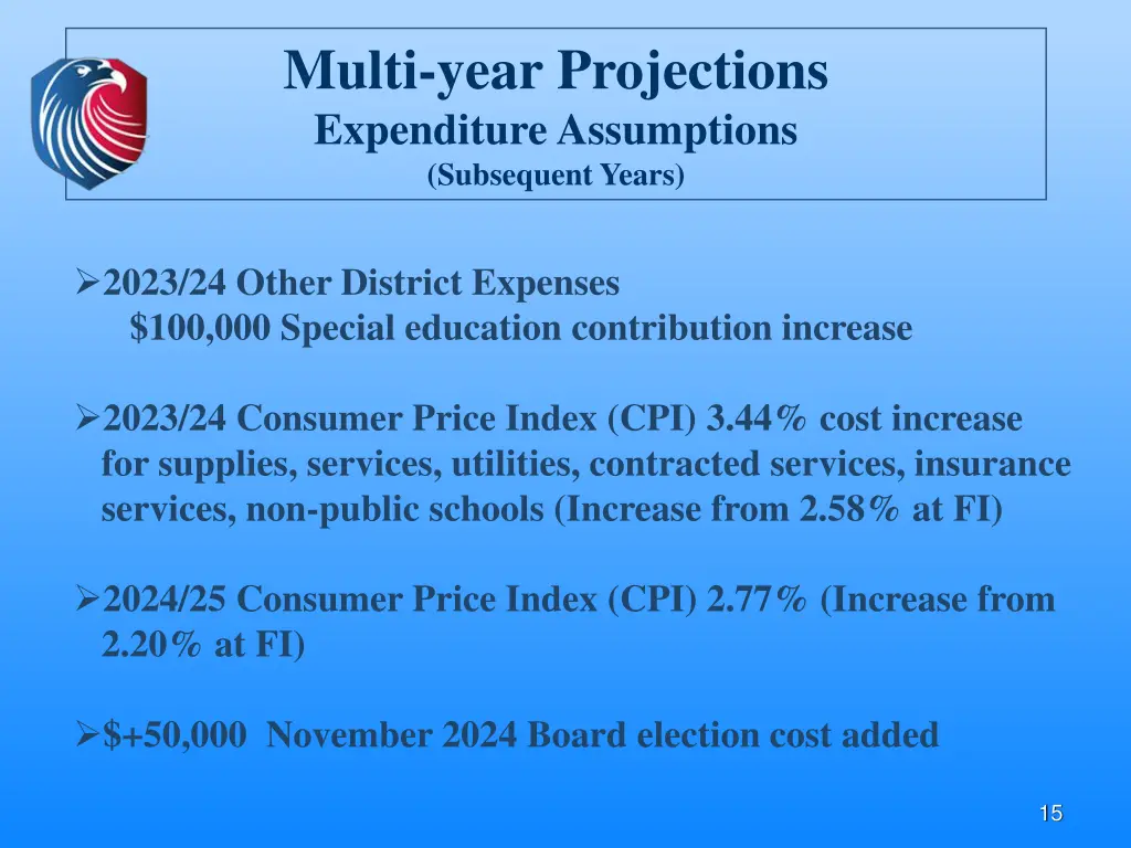 multi year projections expenditure assumptions 1