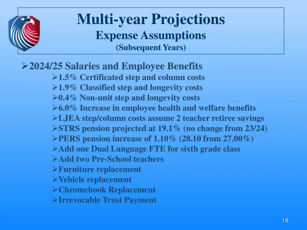 multi year projections expense assumptions