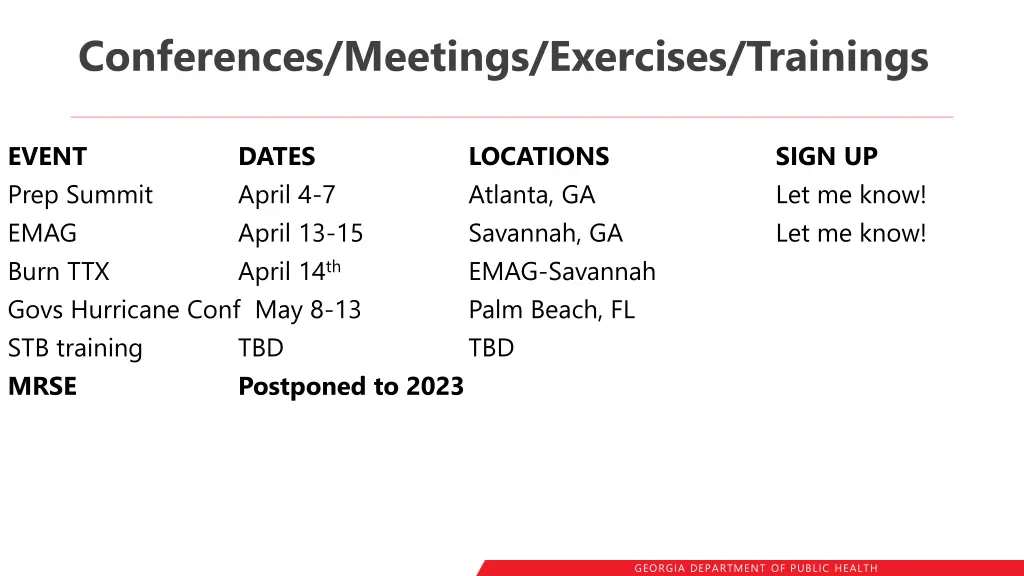 conferences meetings exercises trainings