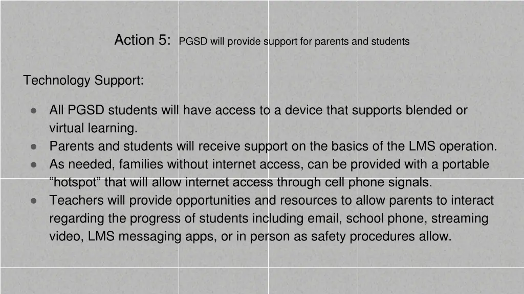 action 5 pgsd will provide support for parents