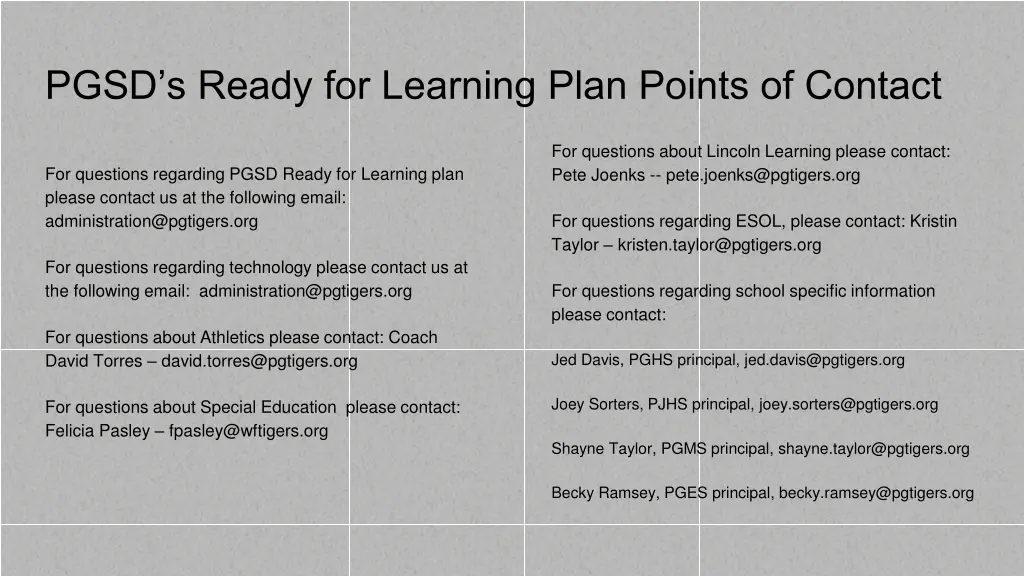 pgsd s ready for learning plan points of contact