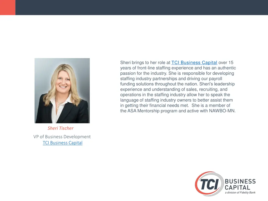 sheri brings to her role at tci business capital