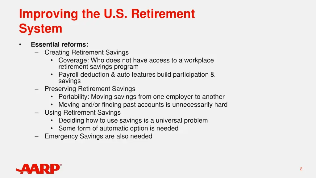 improving the u s retirement system
