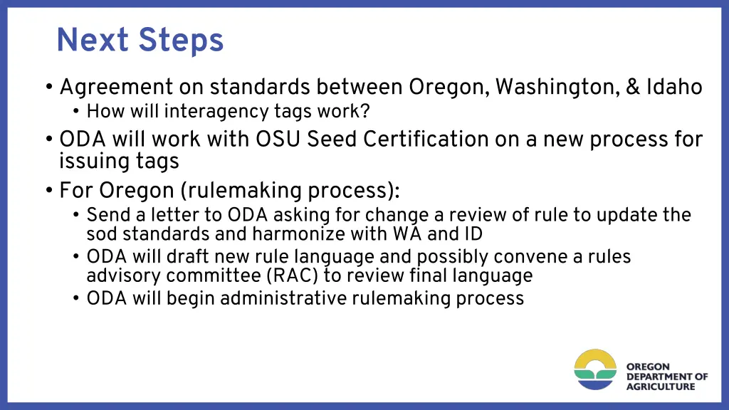 next steps agreement on standards between oregon