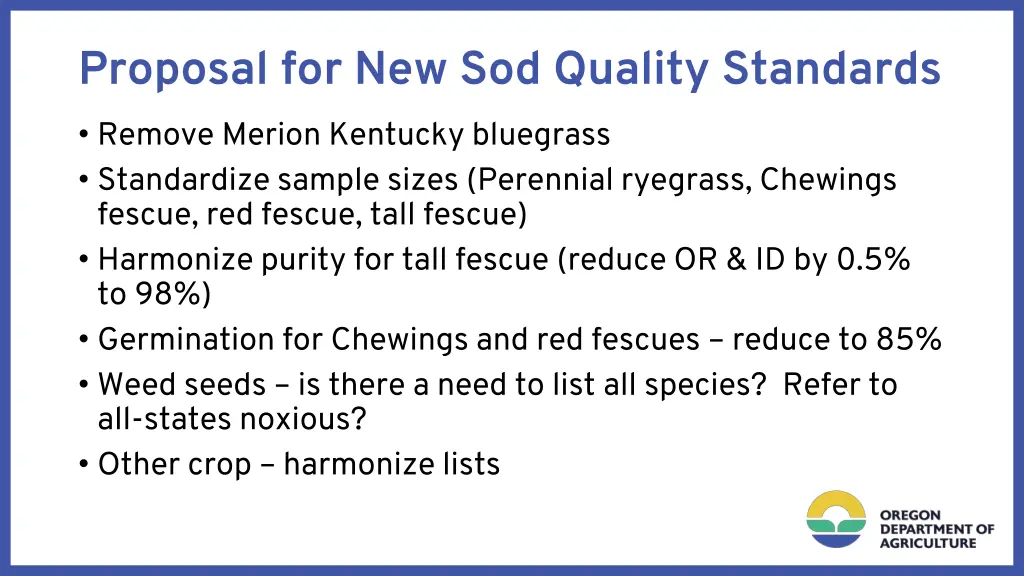 proposal for new sod quality standards