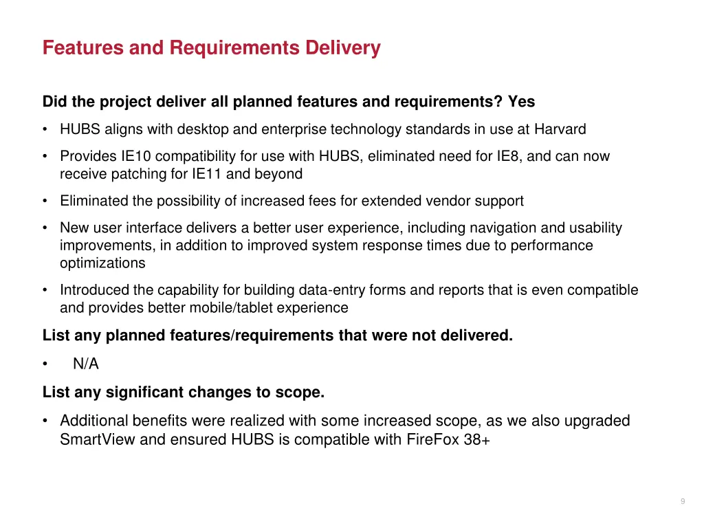 features and requirements delivery