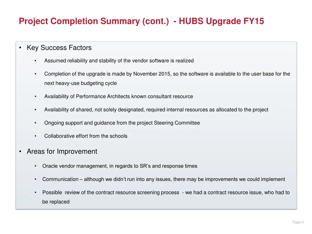 project completion summary cont hubs upgrade fy15