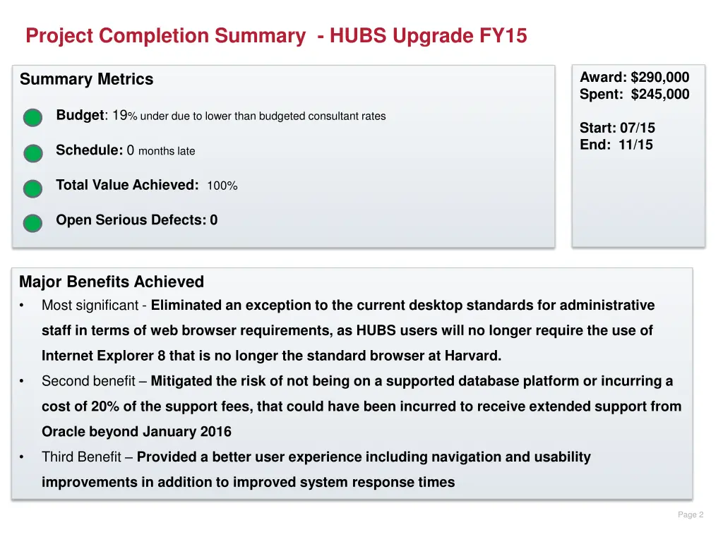 project completion summary hubs upgrade fy15