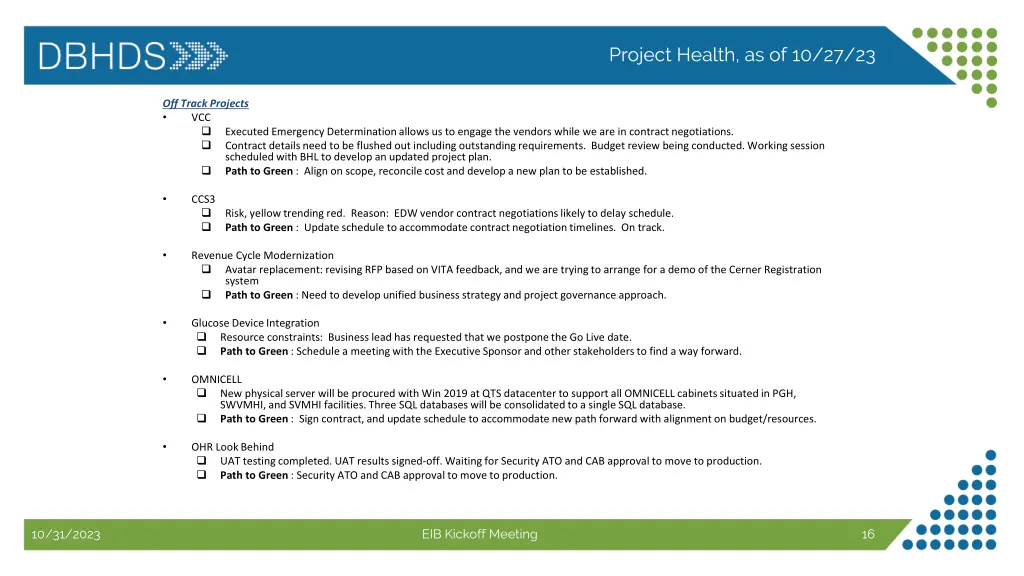 project health as of 10 27 23 2