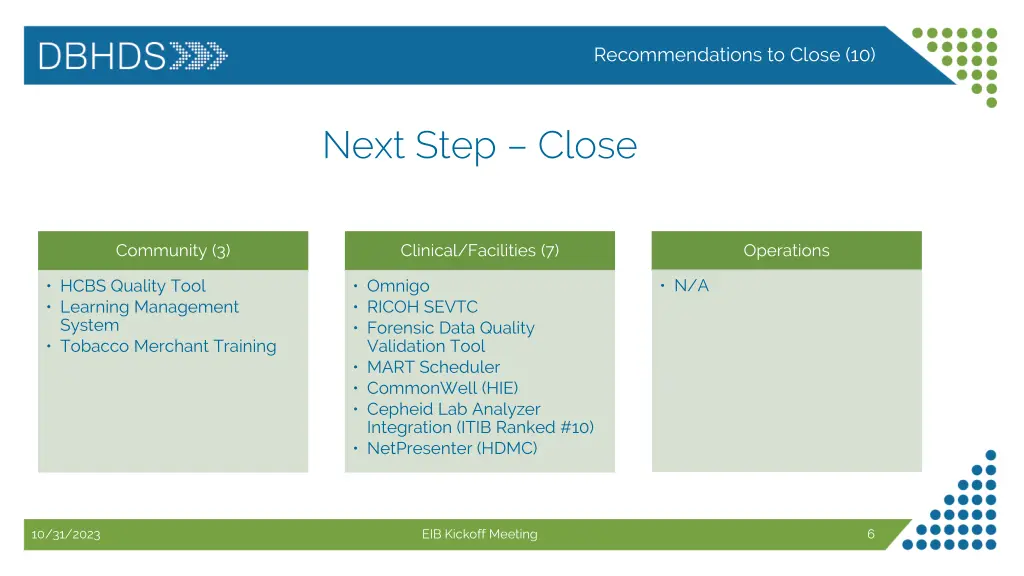 recommendations to close 10