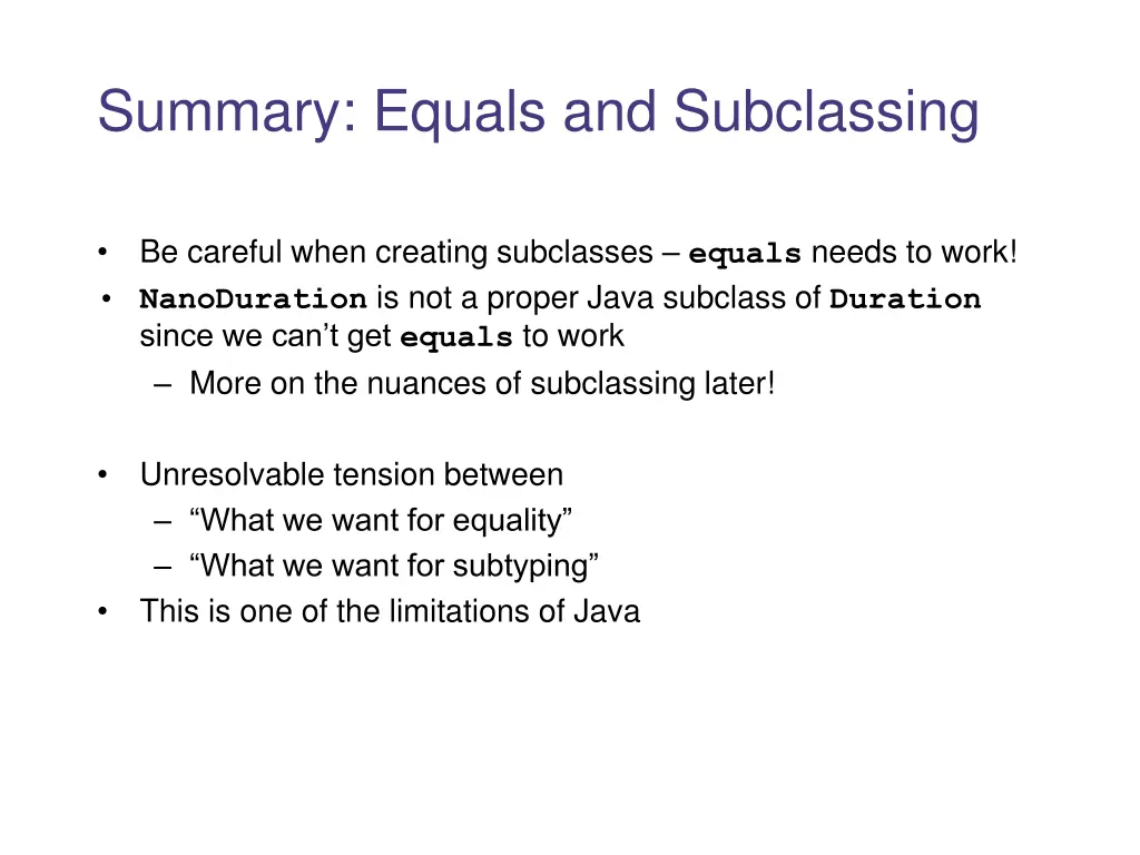 summary equals and subclassing