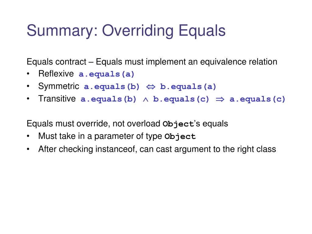 summary overriding equals