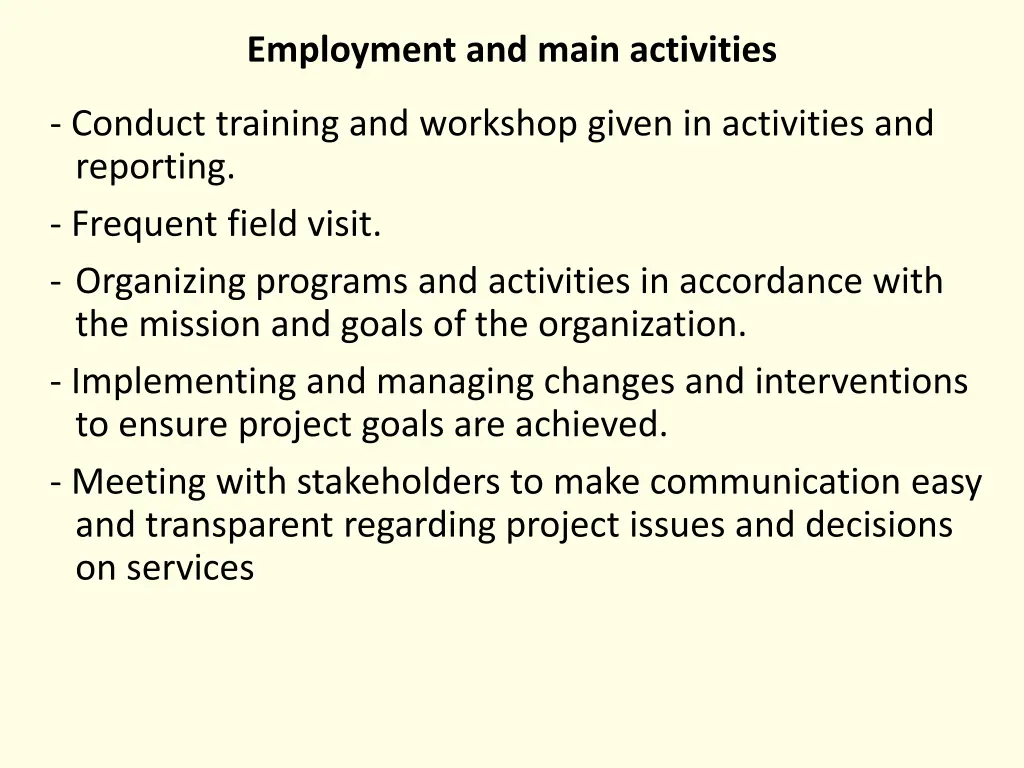 employment and main activities