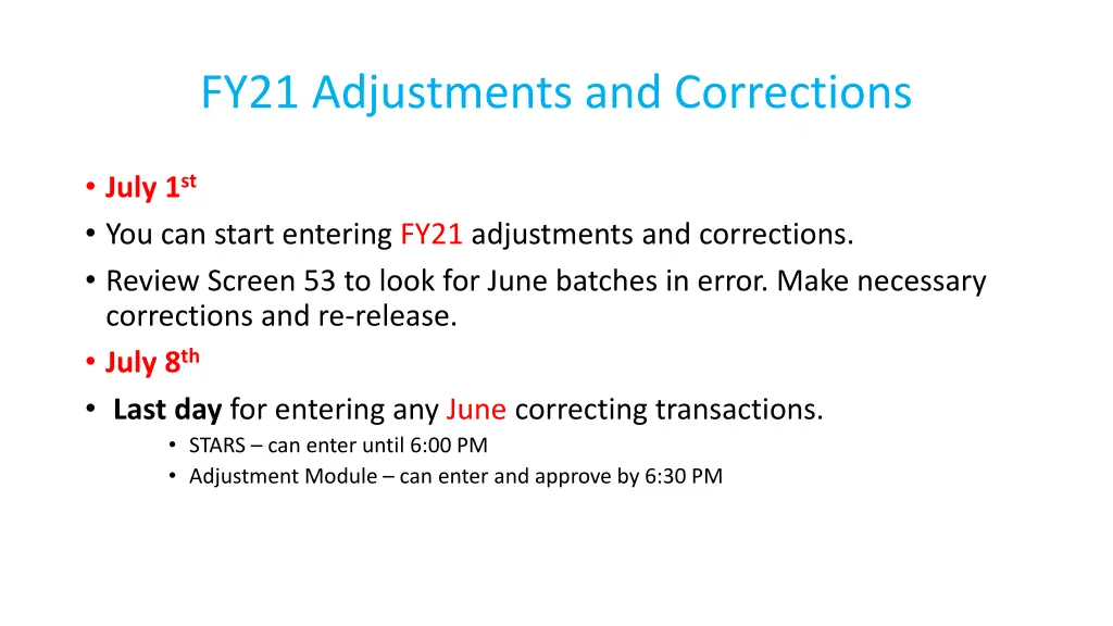 fy21 adjustments and corrections