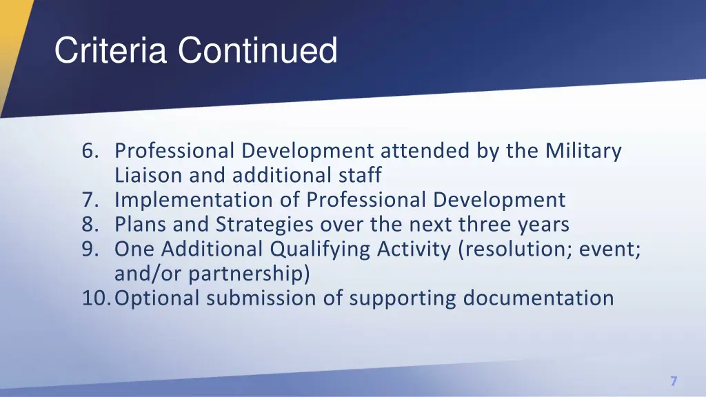 criteria continued