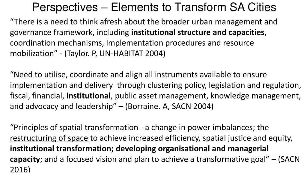perspectives elements to transform sa cities