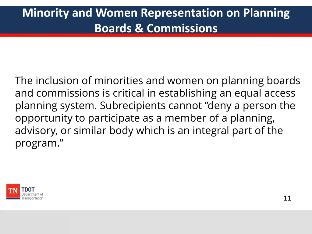 minority and women representation on planning
