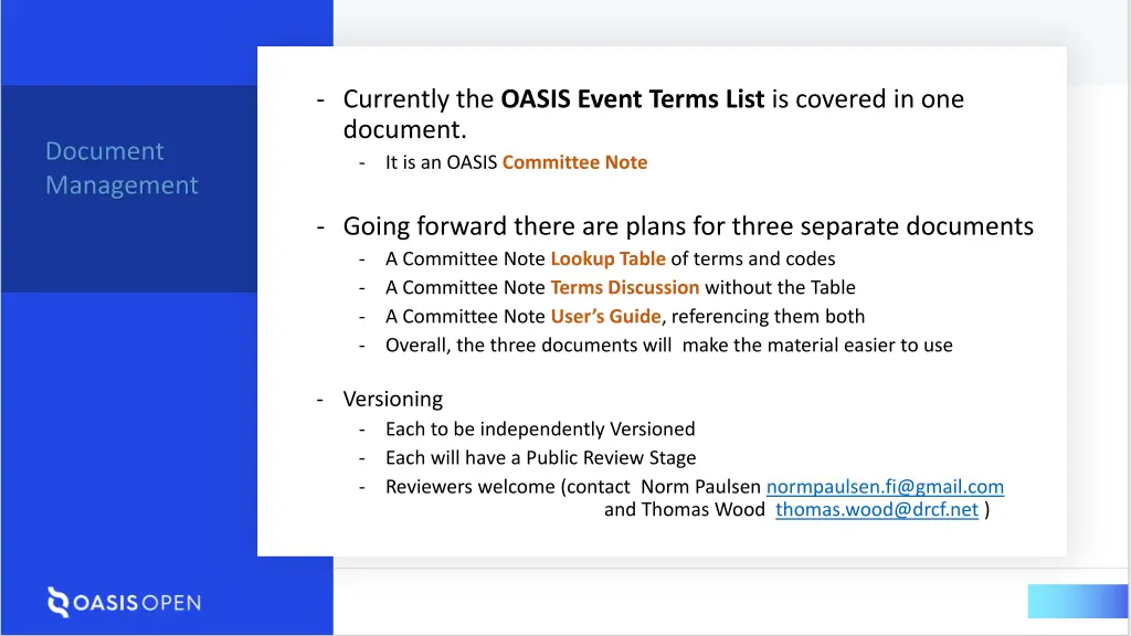 currently the oasis event terms list is covered