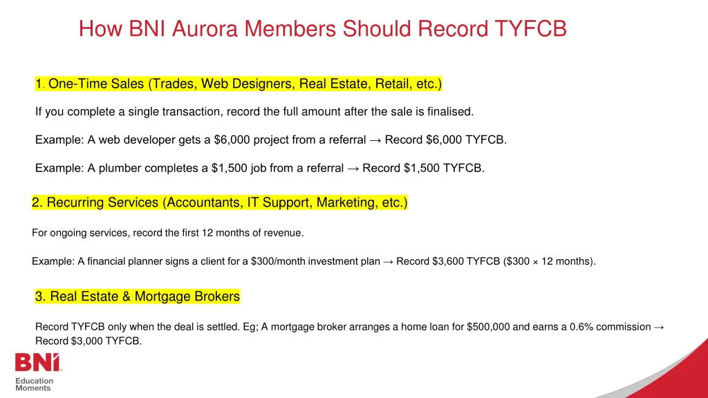 how bni aurora members should record tyfcb