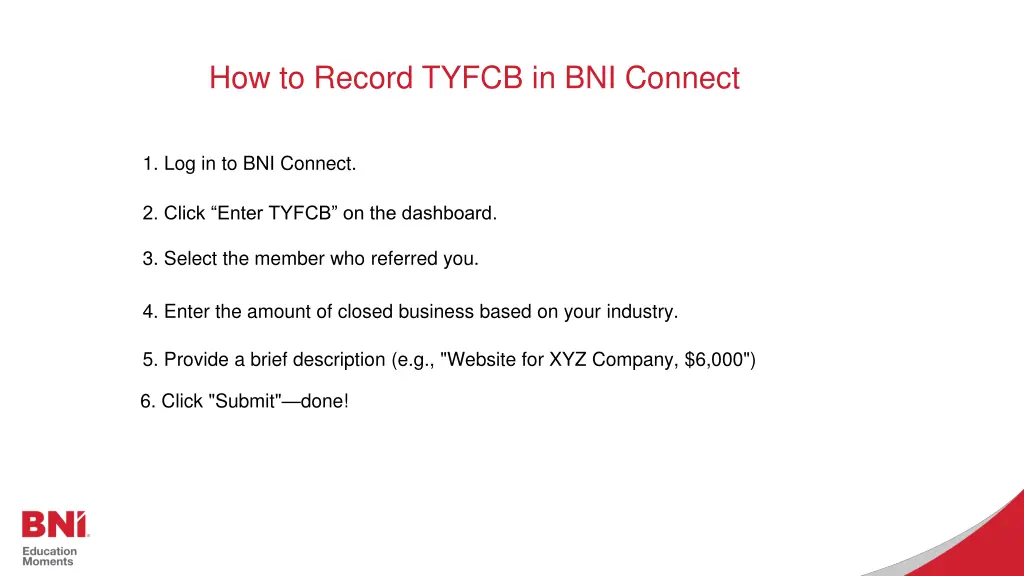 how to record tyfcb in bni connect