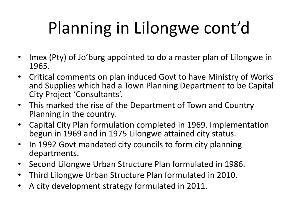 planning in lilongwe cont d