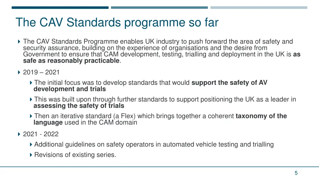 the cav standards programme so far