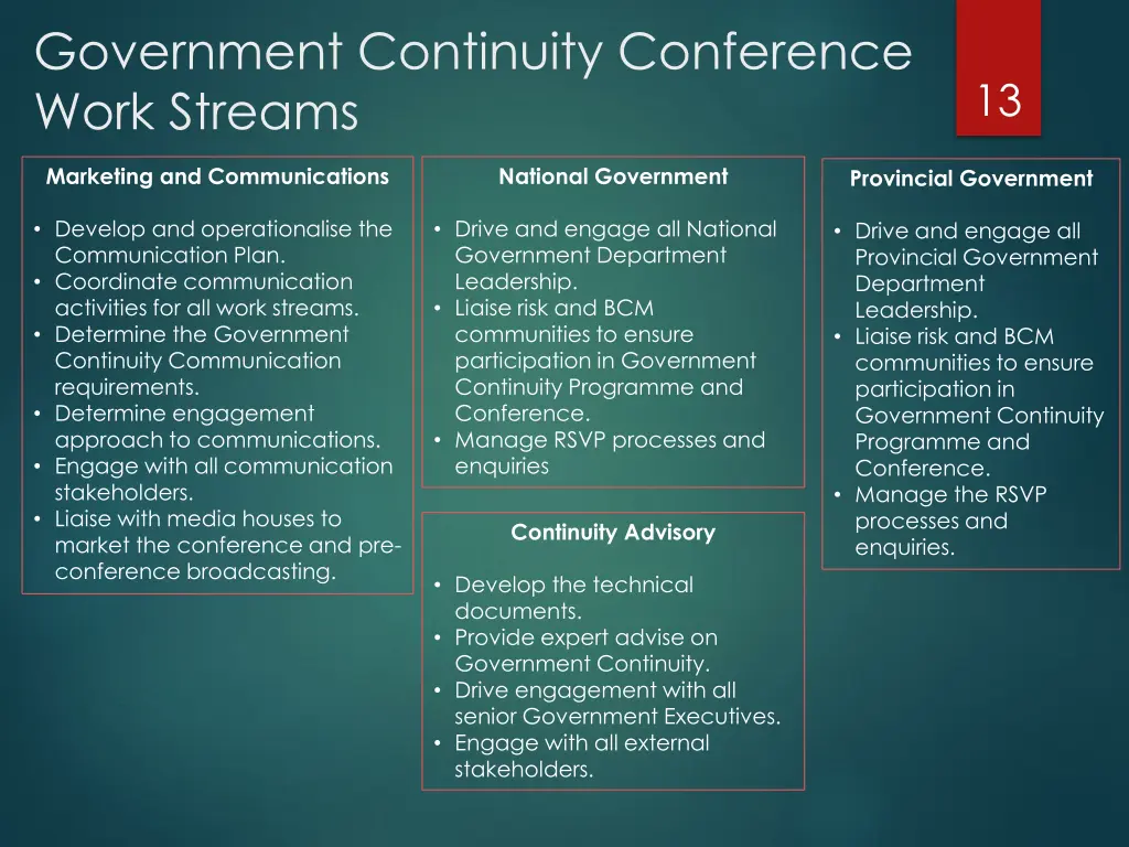 government continuity conference work streams 1