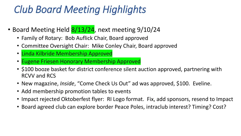 club board meeting highlights club board meeting