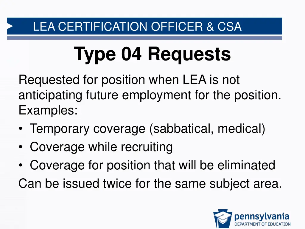 lea certification officer csa type 04 requests