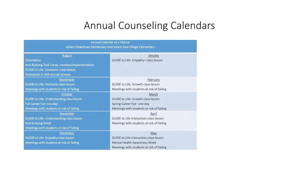 annual counseling calendars