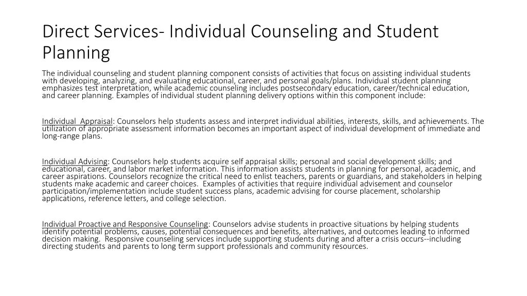 direct services individual counseling and student