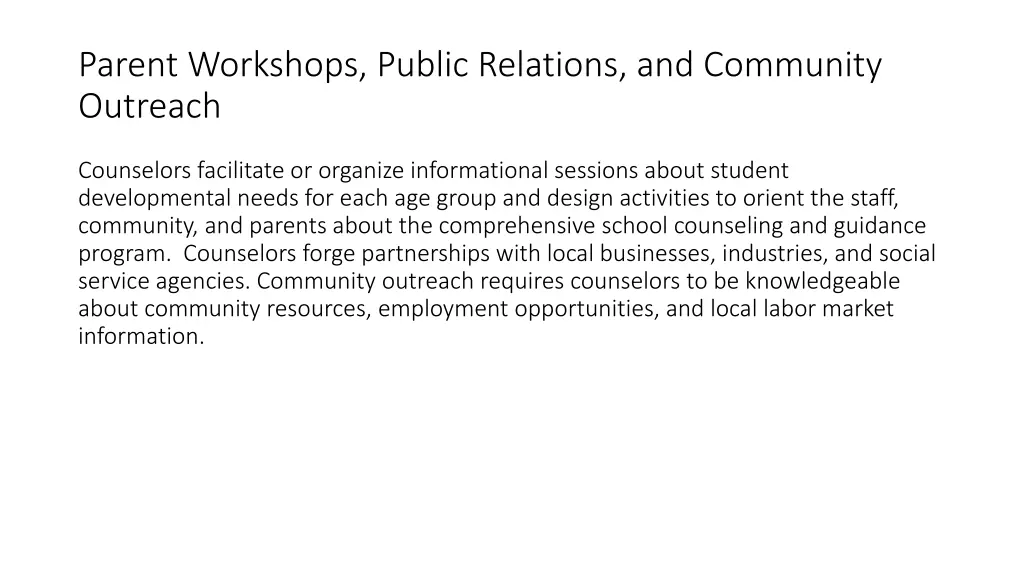 parent workshops public relations and community