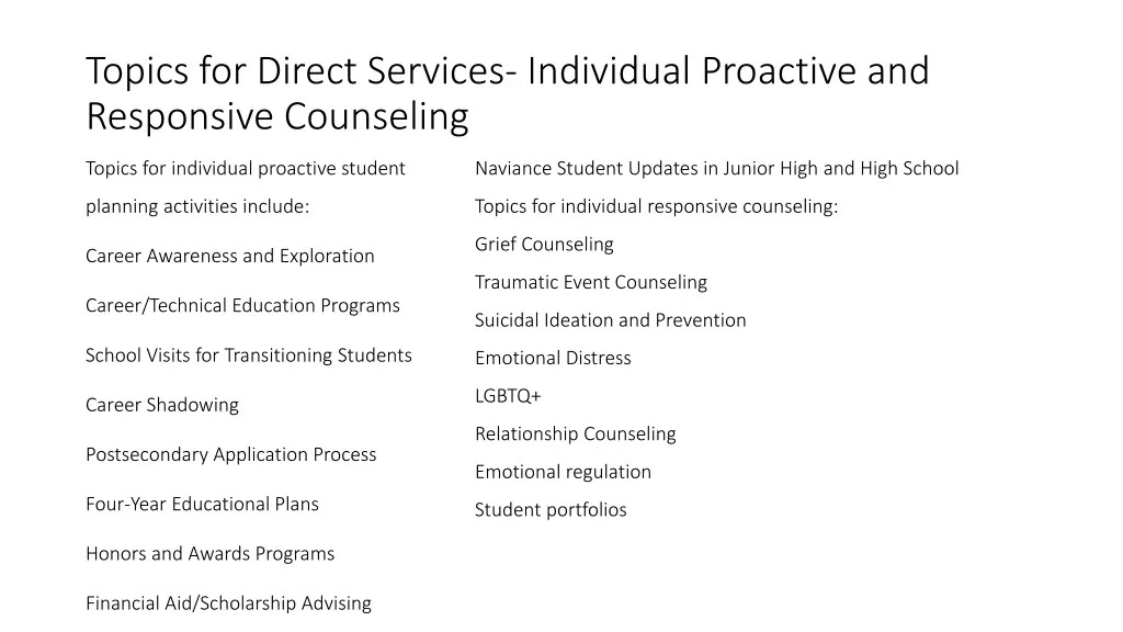 topics for direct services individual proactive
