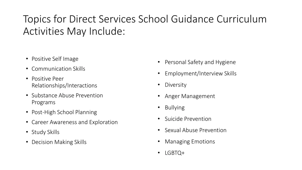 topics for direct services school guidance