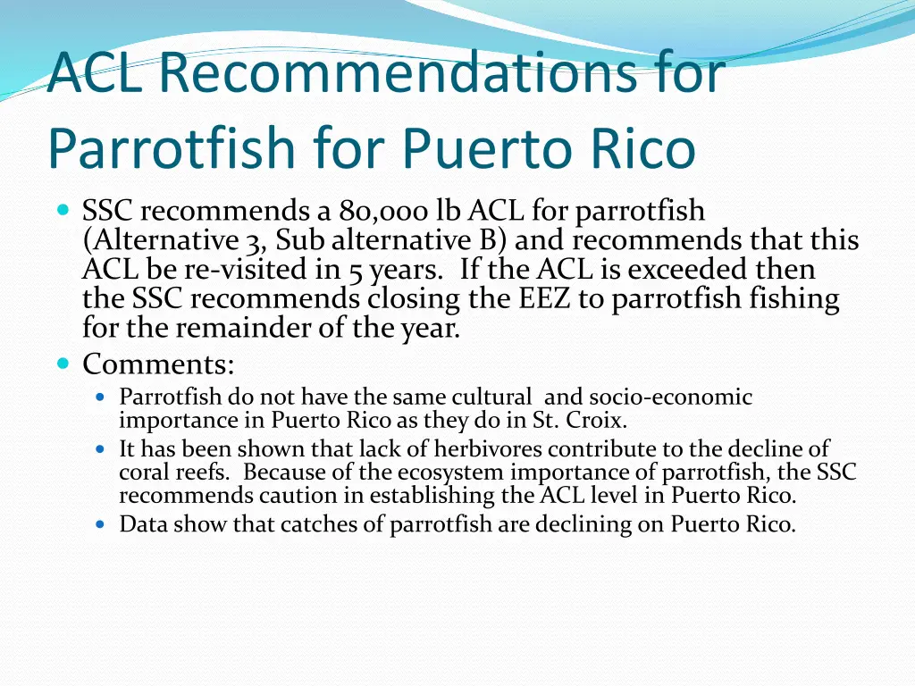 acl recommendations for parrotfish for puerto
