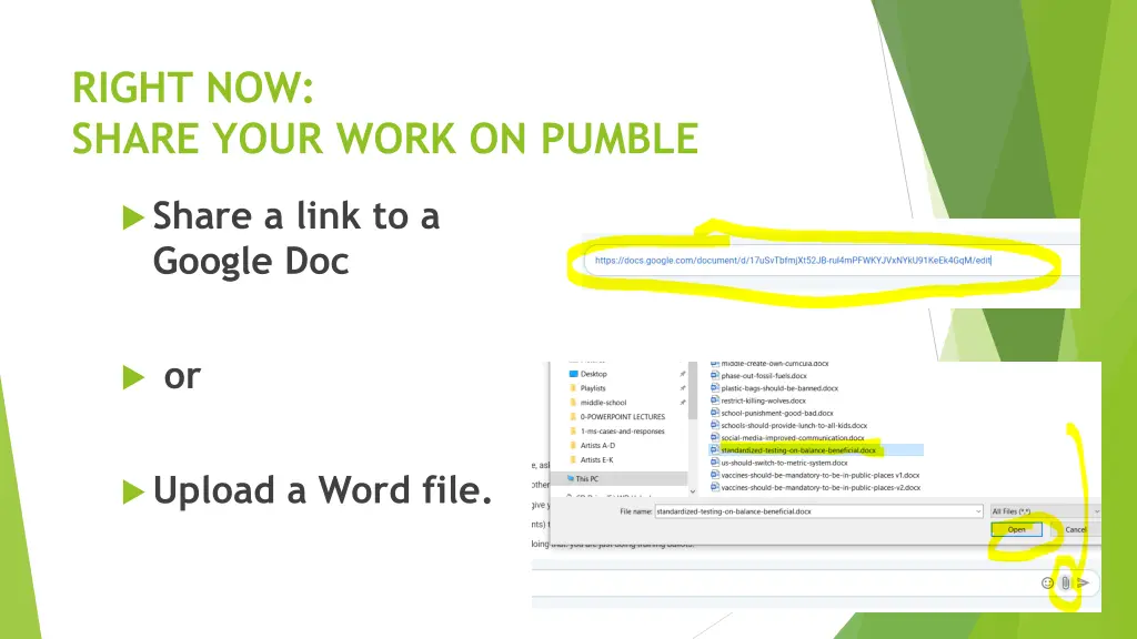 right now share your work on pumble