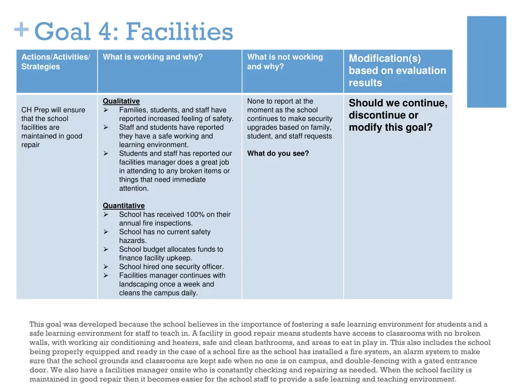 goal 4 facilities
