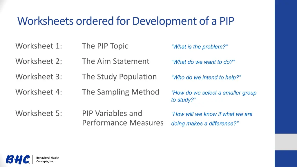 worksheets ordered for development of a pip