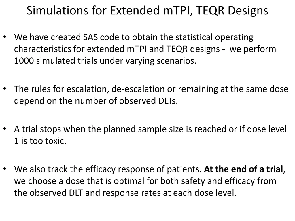 simulations for extended mtpi teqr designs 1